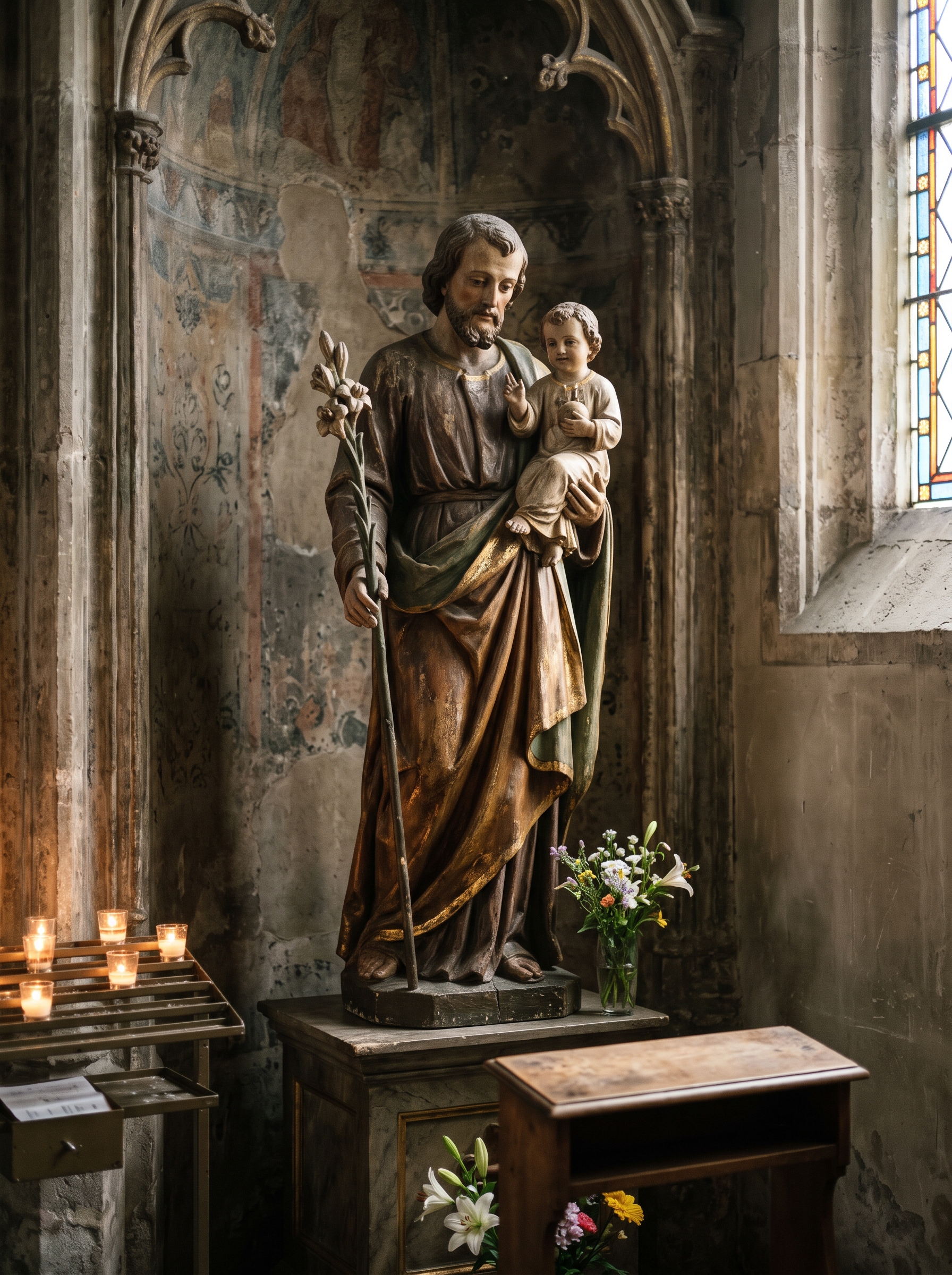 Statue of St. Joseph holding the Child Jesus and a lily staff, with candles and flowers in a chapel